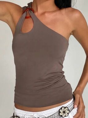Motel Rocks One-Shoulder Mocha Brown Tank with Tortoiseshell Ring Accent